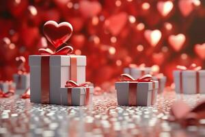 Happy valentine's day concept with red gift box and heart  shaped balloons romantic banner love concept by AI Generated photo