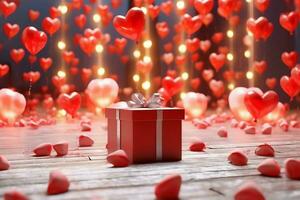 Happy valentine's day concept with red gift box and heart  shaped balloons romantic banner love concept by AI Generated photo