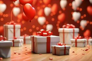 contento San Valentín día concepto con rojo regalo caja y corazón conformado globos romántico bandera amor concepto por ai generado foto