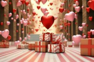 Happy valentine's day concept with red gift box and heart  shaped balloons romantic banner love concept by AI Generated photo