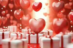 contento San Valentín día concepto con rojo regalo caja y corazón conformado globos romántico bandera amor concepto por ai generado foto