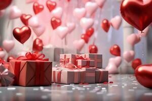 Happy valentine's day concept with red gift box and heart  shaped balloons romantic banner love concept by AI Generated photo