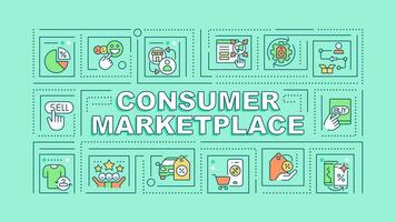 Consumer marketplace text with various thin line icons concept on green monochromatic background, editable 2D vector illustration.