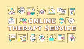 Online therapy service text with various thin line icons concept on yellow monochromatic background, editable 2D vector illustration.