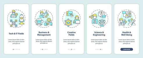 2D icons representing MOOC mobile app screen set. Walkthrough 5 steps multicolor graphic instructions with linear icons concept, UI, UX, GUI template. vector