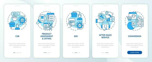 2D blue icons representing C2C mobile app screen set. Walkthrough 5 steps graphic instructions with linear icons concept, UI, UX, GUI template. vector