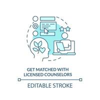 2D editable get matched with licensed counselors thin line blue icon concept, isolated vector, monochromatic illustration representing online therapy. vector