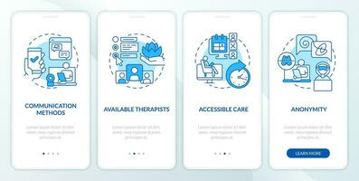 2D icons representing online therapy mobile app screen set. Walkthrough 4 steps blue graphic instructions with thin line icons concept, UI, UX, GUI template. vector