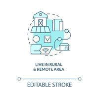 2D editable live in rural and remote area thin line blue icon concept, isolated vector, monochromatic illustration representing online therapy. vector