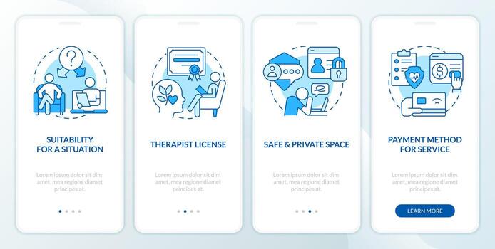 2d íconos representando en línea terapia móvil aplicación pantalla colocar. recorrido 4 4 pasos azul gráfico instrucciones con lineal íconos concepto, ui, ux, gui modelo. vector