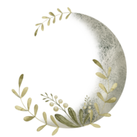 Botanical Moon on isolated background. Watercolor illustration of Luna with leaves. Hand drawn celestial Wreath. Drawing of the round frame border with space for text. Sketch of the lunar phase png