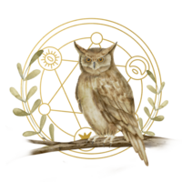 Mystical Owl Watercolor illustration. Hand drawn magical print on isolated background. Drawing of night bird and pentagram. Painting of fantasy sketch. For the design of esoteric cards and stickers png