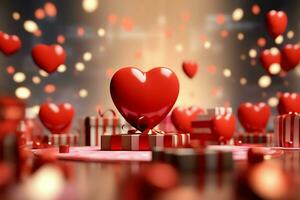 Happy valentine's day concept with red gift box and heart  shaped balloons romantic banner love concept by AI Generated photo