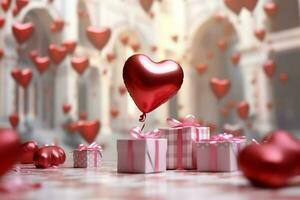 Happy valentine's day concept with red gift box and heart  shaped balloons romantic banner love concept by AI Generated photo