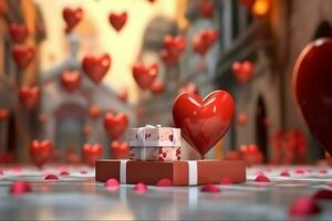 contento San Valentín día concepto con rojo regalo caja y corazón conformado globos romántico bandera amor concepto por ai generado foto