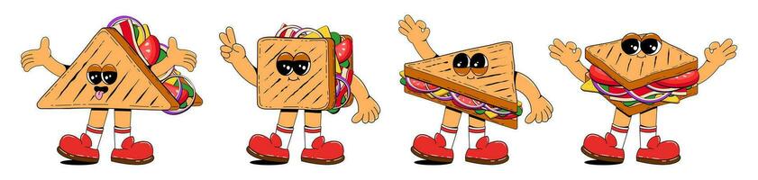 Set of sandwich characters in retro cartoon style. Fast food mascot vector illustration.