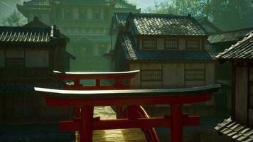 A red gate in front of a row of buildings video