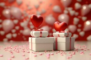 Happy valentine's day concept with red gift box and heart  shaped balloons romantic banner love concept by AI Generated photo