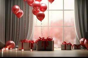 Happy valentine's day concept with red gift box and heart  shaped balloons romantic banner love concept by AI Generated photo