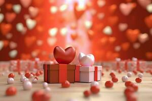 contento San Valentín día concepto con rojo regalo caja y corazón conformado globos romántico bandera amor concepto por ai generado foto