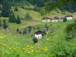 a small village in the mountains with a green hillside photo