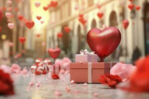 Happy valentine's day concept with red gift box and heart  shaped balloons romantic banner love concept by AI Generated photo