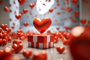 contento San Valentín día concepto con rojo regalo caja y corazón conformado globos romántico bandera amor concepto por ai generado foto