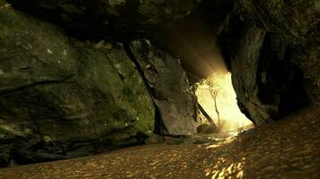 Shaft of light beaming down into large cave video