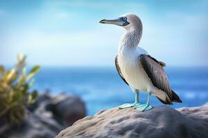 AI generated The rare blue-footed booby rests on the beach. AI Generated photo