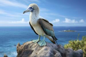 AI generated The rare blue-footed booby rests on the beach. AI Generated photo