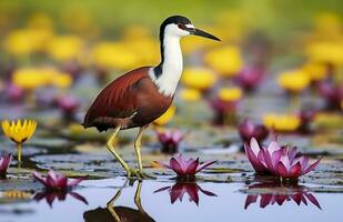 AI generated Colorful African wader with long toes next to violet water lily in water. Generative AI photo