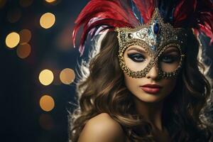 AI generated A Young Woman Adorned in a Carnival Mask Against a Festive Carnival Background. photo