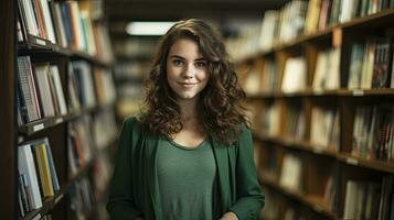 ai generado un 20 año antiguo mujer en un verde vestir y ondulado cabello, en librería estantes. foto