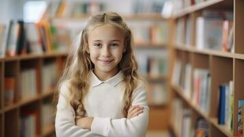 AI generated 10 year old girl student in a light sweater stands in a bookstore among the shelves with books. Back to school concept. photo