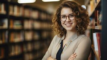 AI generated A Young Female Teacher with Wavy Hair Stands Among Bookstore Shelves, Surrounded by Books. photo