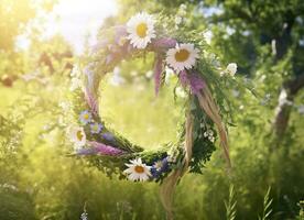 AI generated Rustic wildflowers wreath on a sunny meadow. Summer Solstice Day, Midsummer concept. Generative AI photo