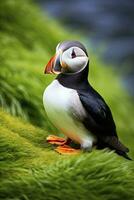 AI generated Puffin bird on a green grass patch. AI Generated photo