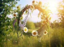 AI generated Rustic wildflowers wreath on a sunny meadow. Summer Solstice Day, Midsummer concept. Generative AI photo