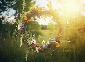 AI generated Rustic wildflowers wreath on a sunny meadow. Summer Solstice Day, Midsummer concept. Generative AI photo