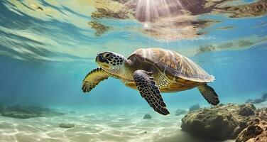 AI generated Photo of Sea turtle in the Galapagos island. Generative AI