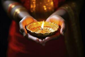 AI generated Beautiful hands holding Diwali lamps traditionally. AI Generated. photo