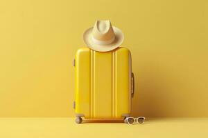 AI generated Yellow suitcase with sun glasses and hat on yellow background. travel concept. Generative AI photo