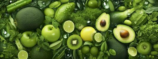 AI generated Banner layout of green fruits and vegetables. Generative AI. photo