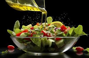 AI generated health benefits of healthy salad, in the style of precise detailing, smooth and shiny. AI Generated photo