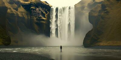 ai generado mujer con vista a cascada. generativo ai foto