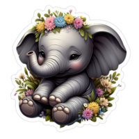 AI generated Elephant Calf in a Floral Ring, Sticker png