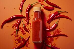 AI generated Tabasco hot pepper sauce with red chili pepper, flat lay. Generative AI photo