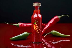 AI generated Tabasco hot pepper sauce with red chili pepper, flat lay. Generative AI photo