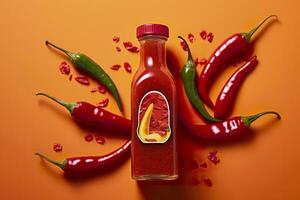 AI generated Tabasco hot pepper sauce with red chili pepper, flat lay. Generative AI photo