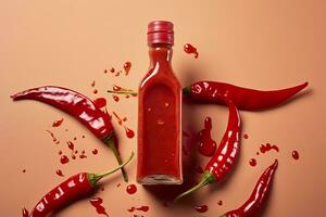 AI generated Tabasco hot pepper sauce with red chili pepper, flat lay. Generative AI photo